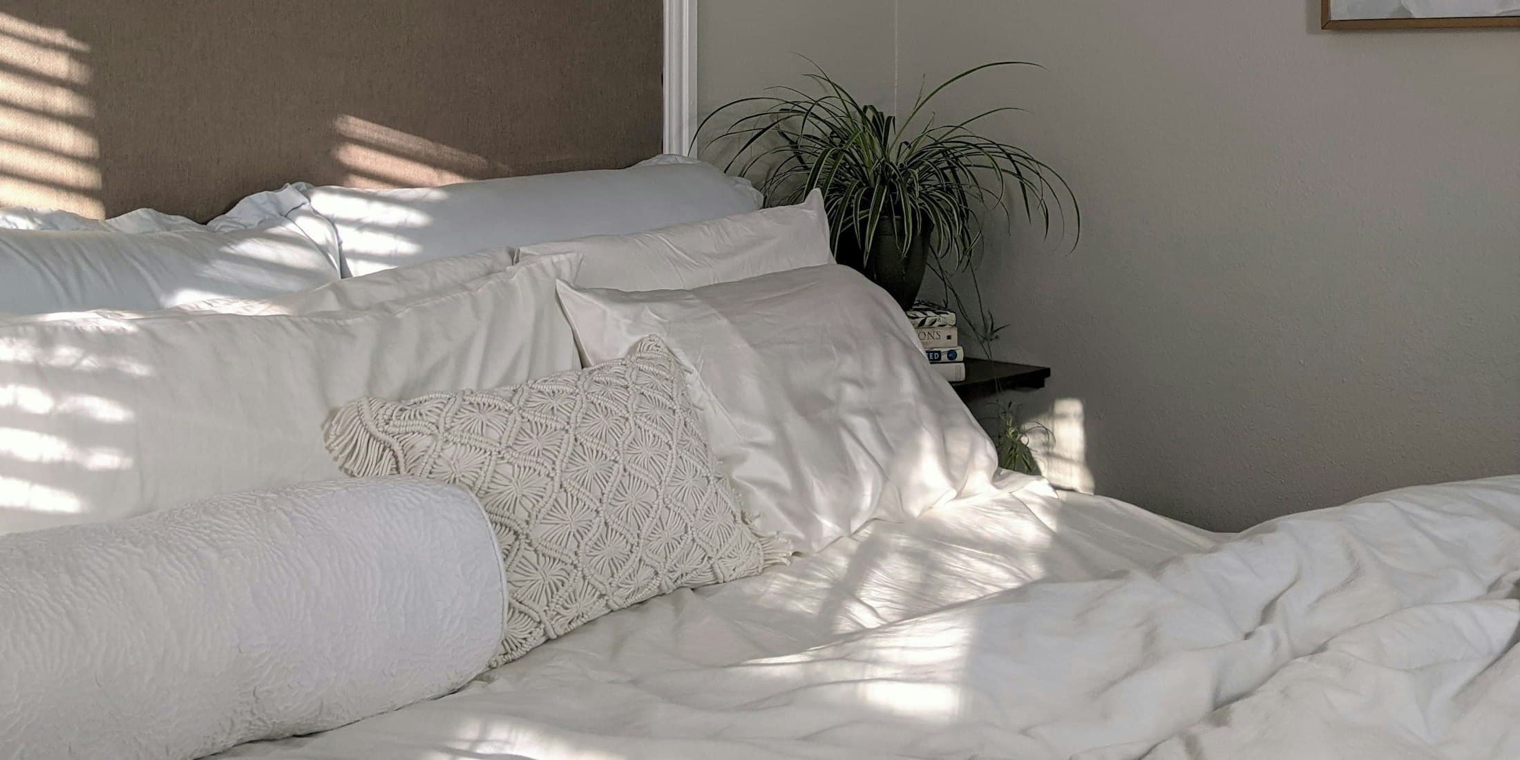 Morning light falling in soft panels across white bed linen.